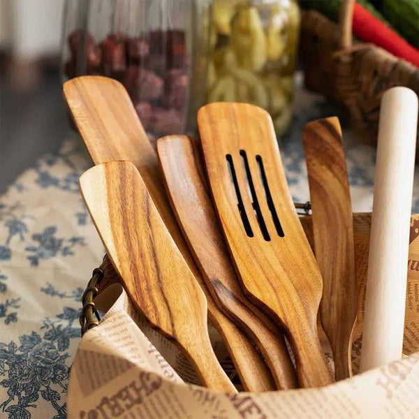 Wooden Spurtle Set Teak Spurtle Set Heat Resistant Wooden Spatula Cooking Utensils Set Non-Stick Wooden Spoons