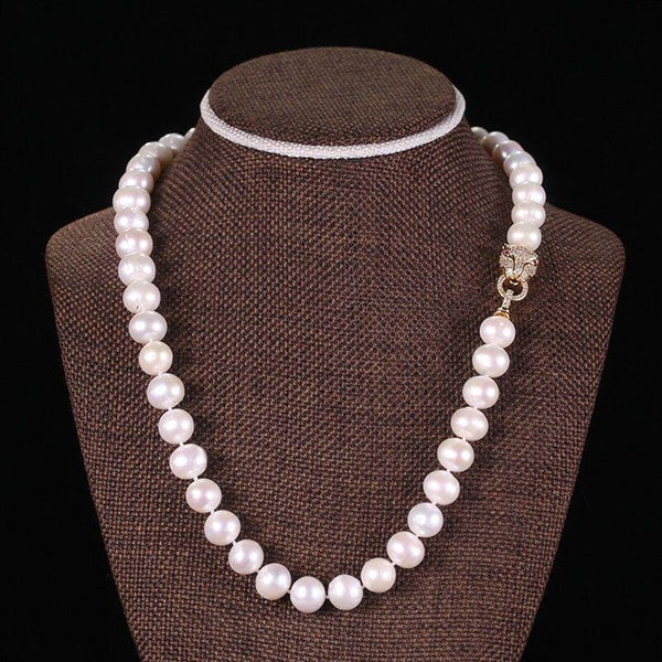 Hand knotted necklace 9-10mm white pink purple black freshwater pearl micro inlay zircon leopard head buckle accessories necklace long 55cm Matron Inn