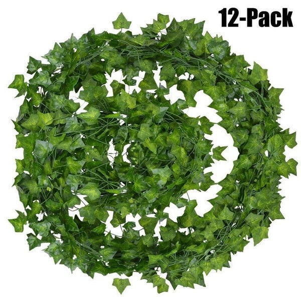 220cm Long Artificial Ivy Vine - 12 Pack of Realistic Looking Green Silk Hanging Plants with 220cm Vines and Individual Leaves - Perfect for Home Dec