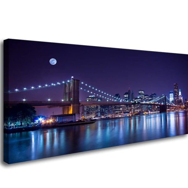 1 Panels Wall Art New York City's Brooklyn Bridge Canvas Prints Manhattan Skyline Illuminated with a Moon Pictures Painting Home