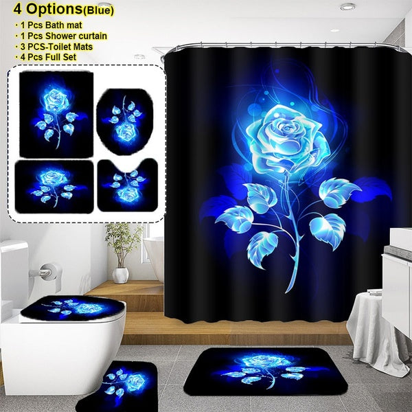 Bathroom Shower Curtain Decro 3D Shiny Blue Rose Flower Waterproof Shower Curtain Set Toilet Cover Mat Nonslip Bath Rugs Bathroom Valentine's Day Dec
