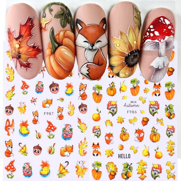 Cute Fox Autumn Fall Leaves 3D Nail Stickers Golden Maple leaf Mushroom Pine Nut Pumpkin Sliders Adhesive Decals Manicure Foils