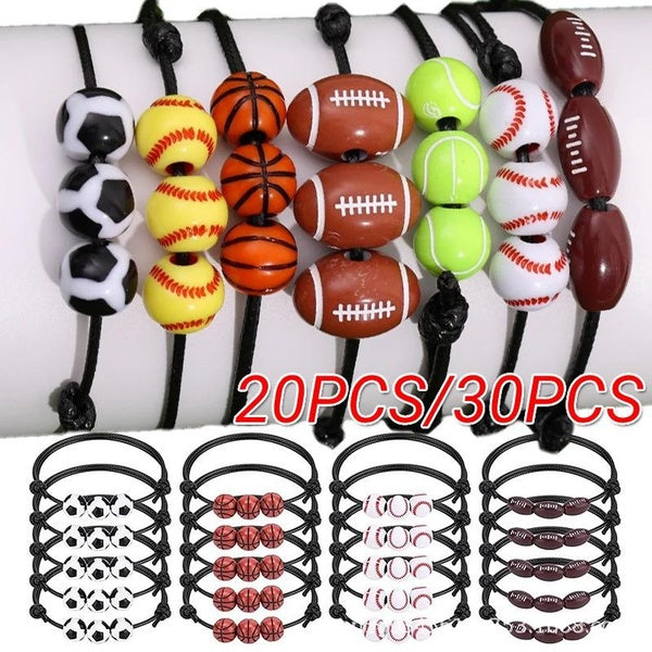 20pcs-30pcs Sports Party Favors Charm Bracelets, Soccer Basketball Football Baseball Volleyball Bead Ball Bracelets Adjustable Inspirational Wristban