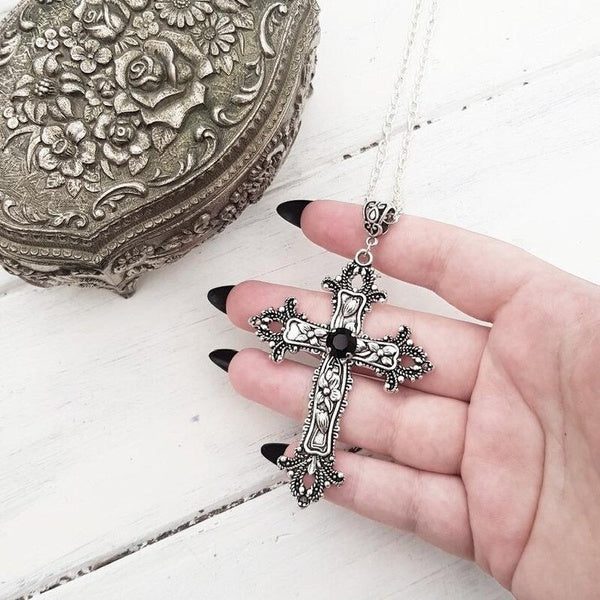 Large Detailed Cross Necklaces Black Drill Jewel Necklace Tone Creativity Necklaces Pendant Goth Punk Jewellery Fashion Rock Statement Necklaces Wome