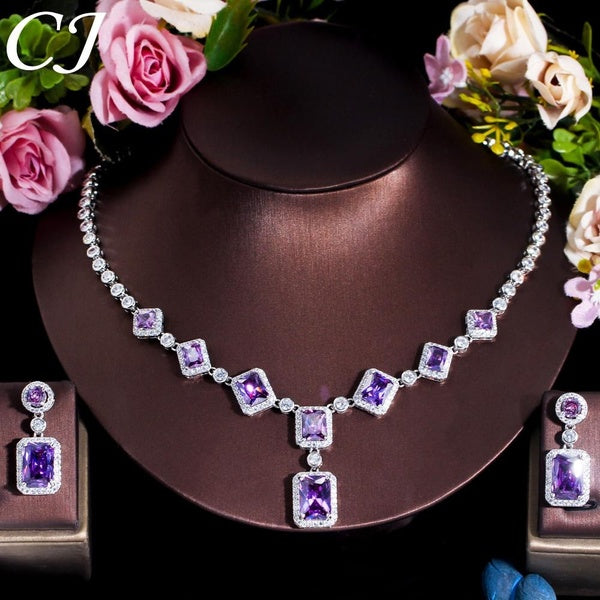 CANDICE Superbe princesse coupe violet AAAAA cubique zircone cristal platine placage ensembles de bijoux excellente femme pendentif collier avec bouc