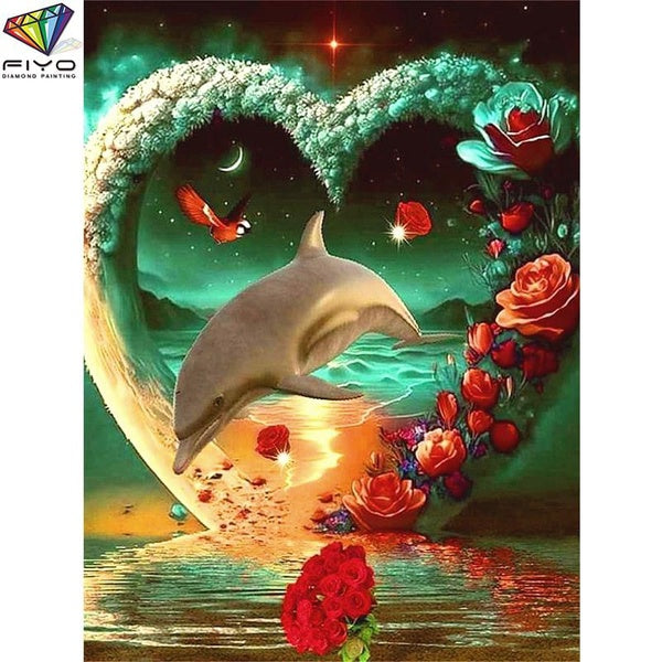 FIYO Love Dolphin DIY 5D Diamond Painting Full Drill with Number Kits Maison et Cuisine Mode Mosaïque Diamant Peinture Toile Décoration Murale Cadeau