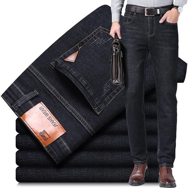 Men's Classic Jeans Spring and Autumn Stretch Straight Tube Loose Fitting Business Casual Denim Pants Black Blue Trousers