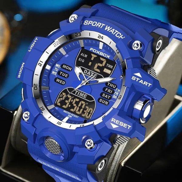 FOXBOX Montre militaire personnalisée Sport décontracté chronographe alarme montre-bracelet étanche Quartz grande horloge double affichage mâle LED m