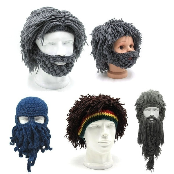 Funny Handmade Special Knitted Wool Face Mask Hat Parent-Child Fun Hat Long Beard Viking Headgear Party Octopus Mask Mad Scientist Rasta Caveman Jogg