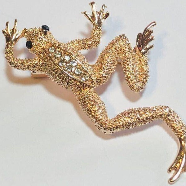 Broche Grenouille Bondissante en Cristal Doré Style Vintage Art Déco