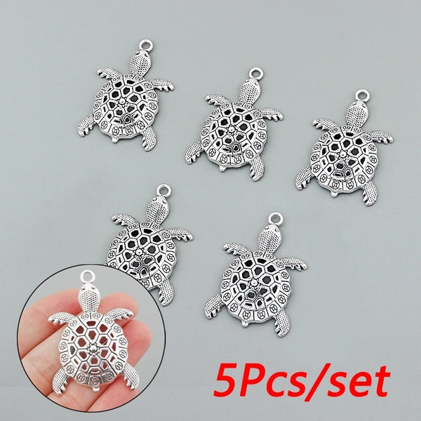 5 Pcs Vintage Silver Metal Animal Hollow Turtle Tortoise Fekrun Charms Pendants for DIY Findings Jewelry Making