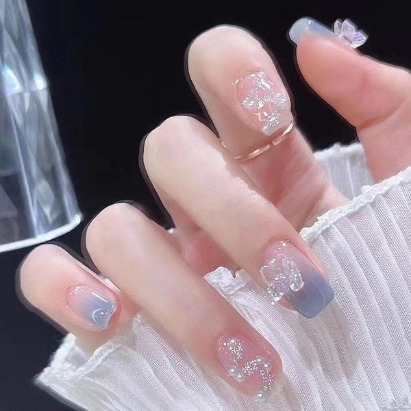 False Nails Press on Nails Coffin Crystal Butterfly Wearable Nail Shiny Pearl Short Mist Blue Gradient Nail Nail Patch Fake Nail Art