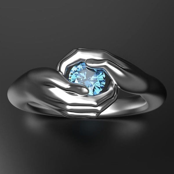 Creative Fashion Silver Plated Accessories Couple Hands Hug Blue Cubic Zirconia Ring Jewelry Wedding Birthday Party Gift for Women Jewelry Size 5-11 Matron Inn