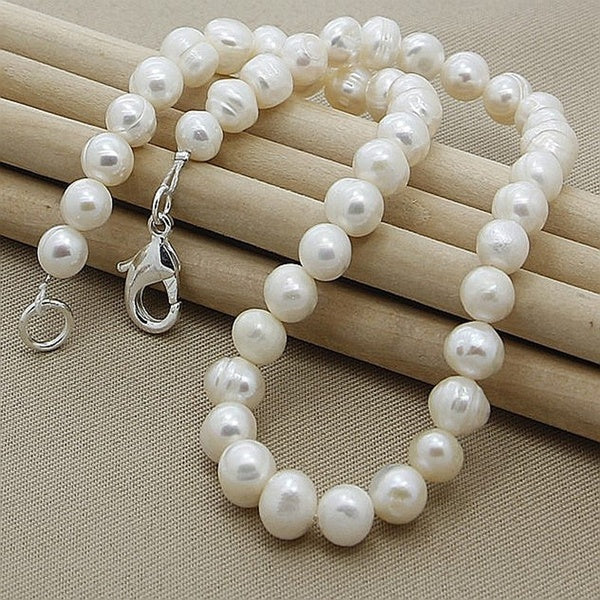 Real Freshwater Natural Pearl Necklace Casual 8mm Beads New Pearl 925 Silver Necklace 18 Inches Cultured Genuine Pearl Chain Choker Jewelry