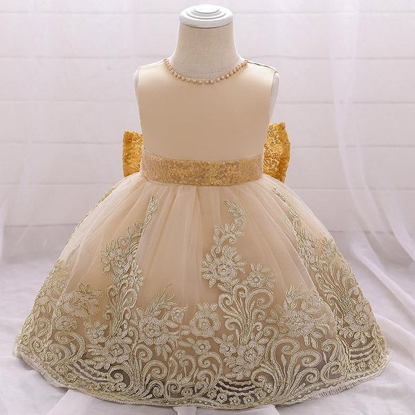 Big Bow Fleur Champagne 1srt Robe D'anniversaire Bébé Fille Broderie Vêtements Princesse Fête Baptême Robe À Paillettes Infant Vestidos Toddler Costu