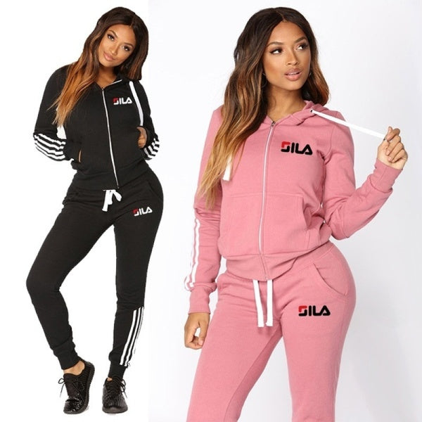 2022 Hot Fashion Sportswear Hoodie + Trousers Set Women Fashion Casual Striped Long Sleeve Zipper Pocket Pure Color Jogging Suit Women Tracksuit