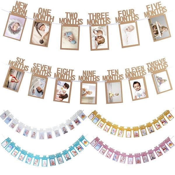 12 Month Photo Paper Banner Baby 1st Birthday Boy Girl Bunting Garland for Kids Party Decoration