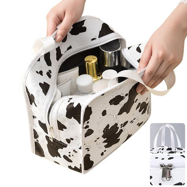 YIMEIS PU Leather Waterproof Makeup Bag Travel Cosmetic Bag Cow Print Makeup Bag Gifts for Girl Women Bag Organizer with Zipper Portable Makeup Case