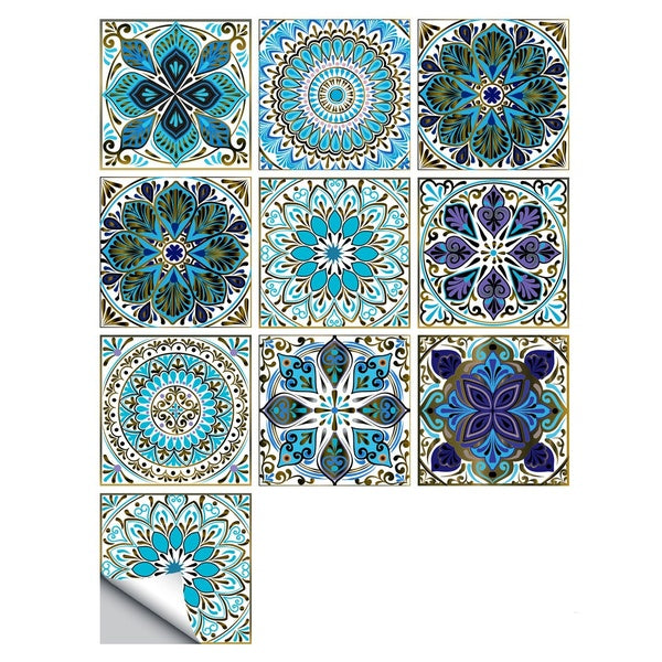 Mandala Decorative Tile Stickers Set 10pcs, Self Adhesive Backsplash Tile Stickers Moroccan DIY Murals, Removable Waterproof Decal for Kitchen Bathr
