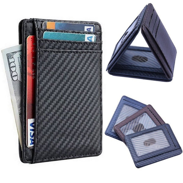 Fashion New Men PU Leather Slim Carbon Fiber Wallet Card Holder Case Pocket Leather Block Money Clip