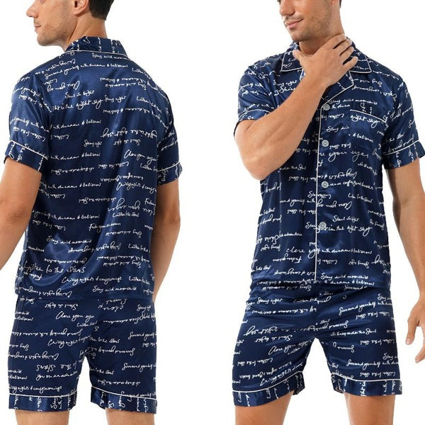 Men Silk Pajama Set Short Sleeve Shirt Shorts Two Piece Outfits Summer Casual Sleepwear Nightwear