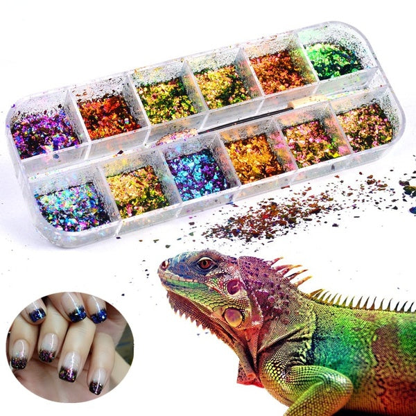 1Set 12 Colors Mixed Shining Flakes Irregular Chameleon Effect Nail Glitter Powder Holographic Sequins Nail Art Decorations