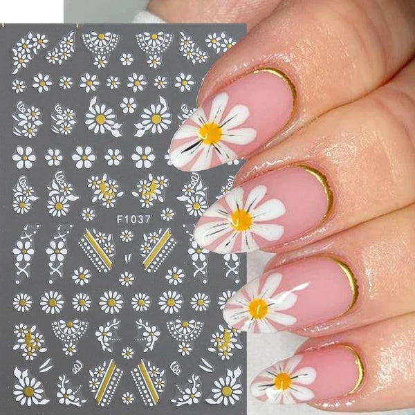 White Gold Daisy Flowers Leaves Nail Stickers Plant Floral Decals Spring Summer Self-adhesive Girls Decor Nail Supplies