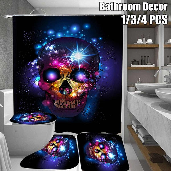 Halloween Skull Shower Curtain Bathroom Rugs Shower Curtain Set Toilet Cover Mat Non-Slip Rug Set Waterproof Fabric Bath Curtain Set 4Pcs-3Pcs-1Pcs