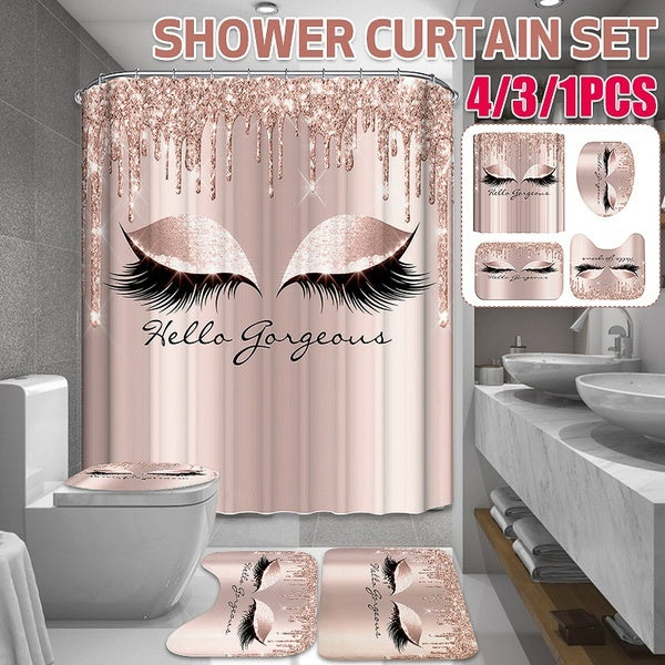 Rose Gold Eyelash Shower Curtain Set Bathroom Curtain with Bath Mat Rug Carpet for Toilet Glitter Hello Gorgeous Decor Bathroom Accessories