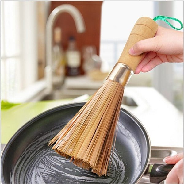Bamboo Cleaning Whisk Traditional Pan Pot Scrubber Wok Brush With Long Wooden Handle, 10 inch