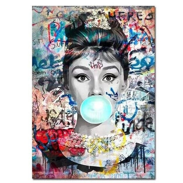 Abstract Audrey Hepburn Pop Art Poster - Canvas Painting, Fashion Art Picture Wall Decor - Blowing Bubbles