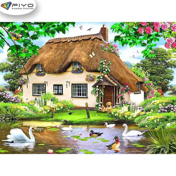 FIYO Pool and House Diamond Painting Kits For Adults DIY 5D Diamond Mosaic Diamond Painting Home and Kitchen Fashion Canvas Pictures Wall Decoration