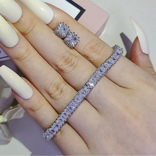 2022 New 18cm Square Zircon Cut Luxury Silver Color on Hand Tennis Bracelet Bangle Earrings 2 Pcs for Women Party Gift Fashion Jewelry