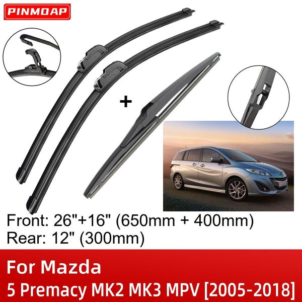 Car Wiper Blades For Mazda 5 Premacy MK2 MK3 MPV 2005-2018 26" 16" 12" Front Rear Wiper Blades Brushes Cutter Accessories 2005 2006 2007 2008 2009 20