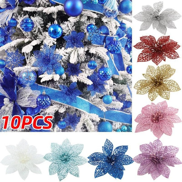 10PCS Glitter Poinsettia Artificial Christmas Flowers Christmas Tree Flower Xmas Tree Ornaments for Party Christmas Decorations