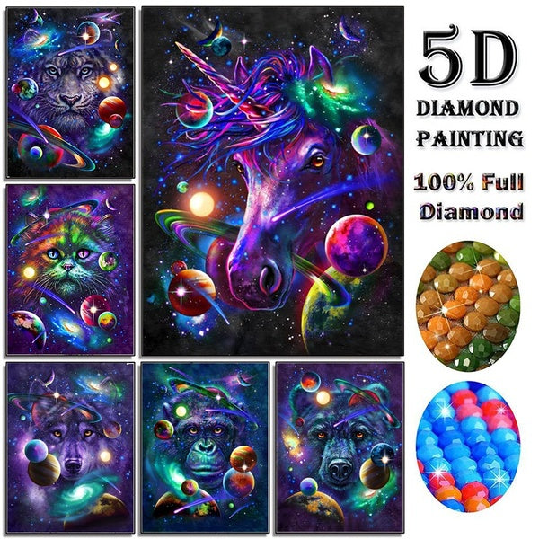 Planet Universe and Animal Unicorn Tiger Wolf Cat Monkey DIY 5D Diamond Painting Full Drill with Number Kits Home and Kitchen Fashion Crystal Rhinest