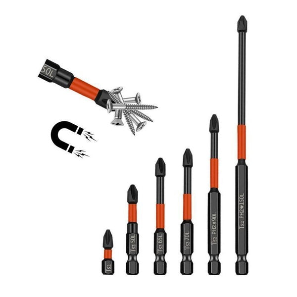 6Pcs Industrial PH2 Strong Magnetic Bit Set, Impact Alloy Drill Bits, Hardness Screwdriver Bits Screwdriver Hand Tools