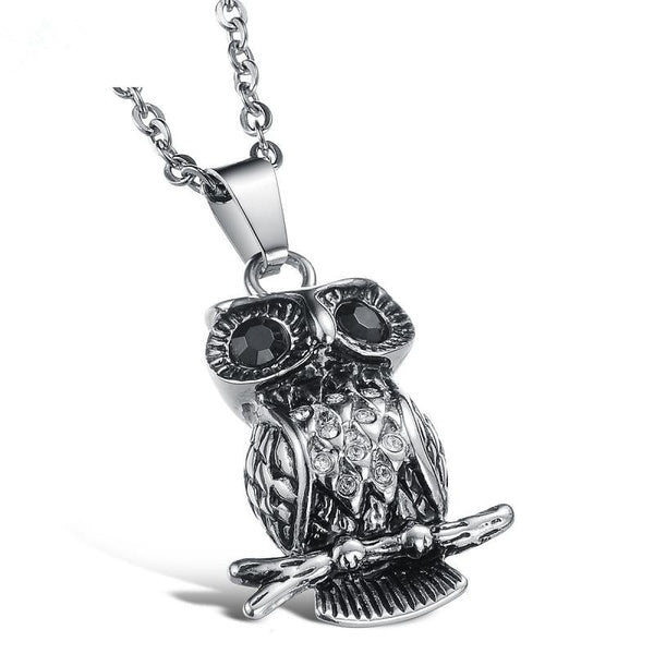 Men's Punk Titanium Steel Inlay Austrian Crystal Diamond Owl Pendant Necklace