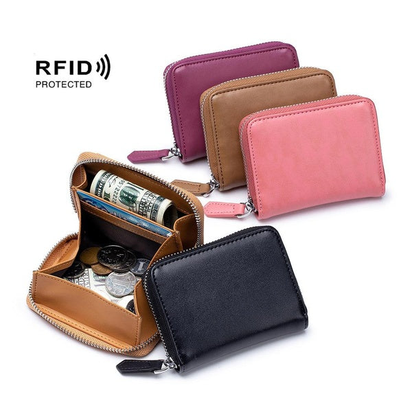 Rfid Anti-vol Brosse Titulaire de la Carte de Crédit Peau de Vachette Hommes et Femmes Fermeture Éclair Rangement des Pièces de Monnaie Pochette Trié