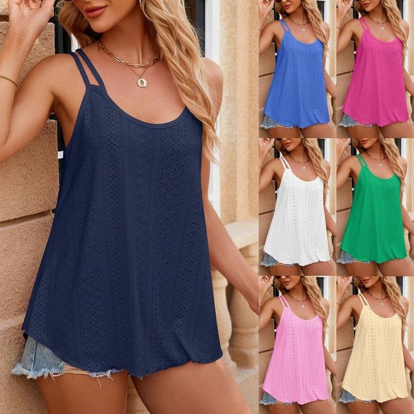 Women's Fashion Casual V-neck Sling Tank Tops Ladies Hollow Sleeveless T-shirts Solid Loose Shirts Female Backless Tops