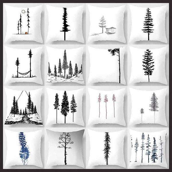 Minimalist style black and white pine tree printing square pillowcase, home decoration, car sofa cushion cover (45cm * 45cm)