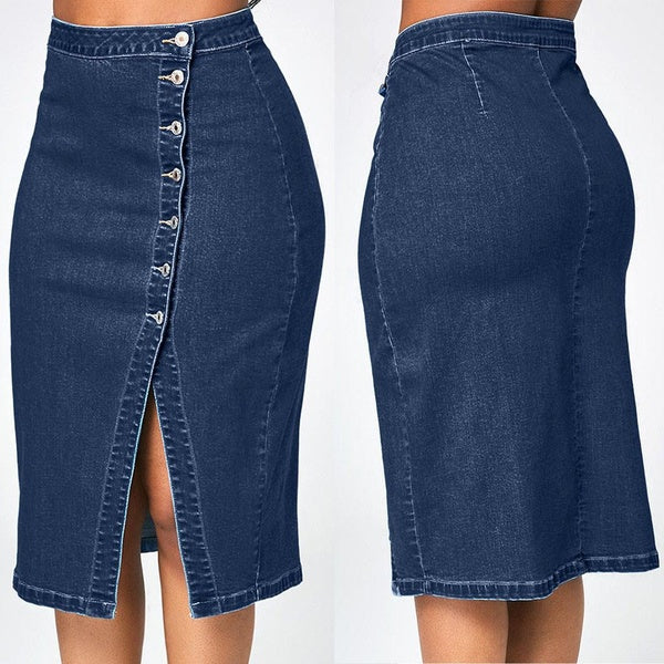 Women Fashion Denim Pencil Skirt High Waisted Blow Knee Blue Jeans Skirts