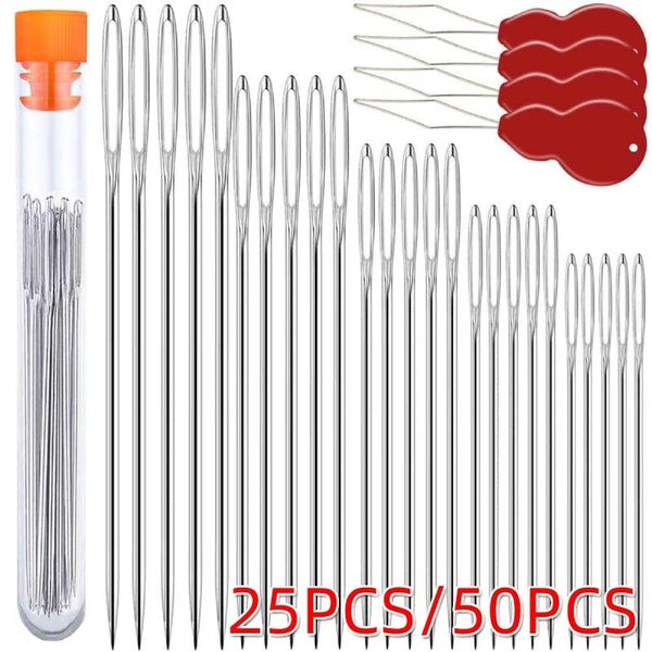 50pcs-25pcs Premium Large Eye Sewing Needles with Needle Threaders and Storage Tube 5 Sizes Large Eye Pointed Stitching Needles for Stitching Craftin
