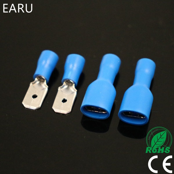 100pcs 50pairs 6.3mm 16-14AWG Female Male Electrical Wiring Connector Insulated Crimp Terminal Spade Blue FDFD 2-250 MDD 2-250