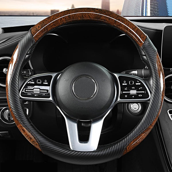 Carbon Fiber Car Steering Wheel Cover 38cm 15inch Mahogany Wood Grain Non-slip Universal For Honda CR-V Civic Accord Jazz