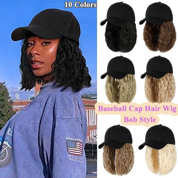 1pc Hats Hair Wigs Baseball Cap with Hair Extensions for Women Girls Short Bob Hairstyle Adjustable Size Hat Wig Hats with 14 inches Wavy Bob Hair fo