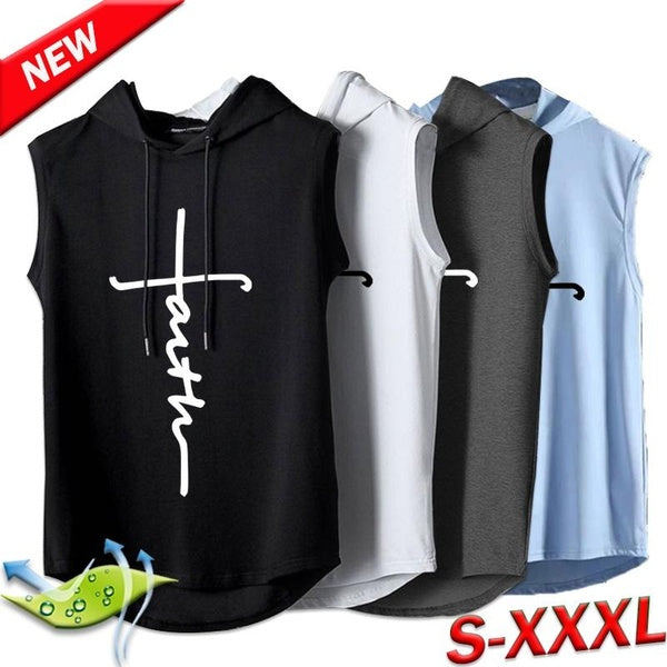 New Faith Printed Men's Sleeveless T-Shirt Fitness Tank Tops Bodybuilding T-shirt Gym Sports Training Vest Summer Casual Loose Hooded T-shirt S-3XL