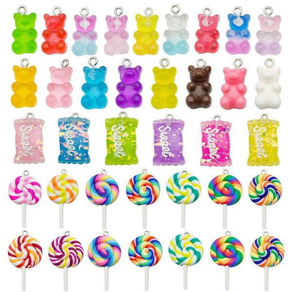 32PCS Resin Charms Mixed Bear Candy Polymer Clay Lollipop Pendants Bracelet Jewelry Making Accessory Decor