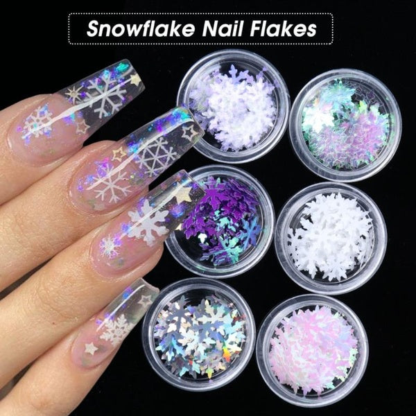 6 Jars Snowflake Nail Sequins Christmas Nail Stickers Holographic Laser Glitter Nail Decoration Decals for Women Girls DIY Nail Art Supplies