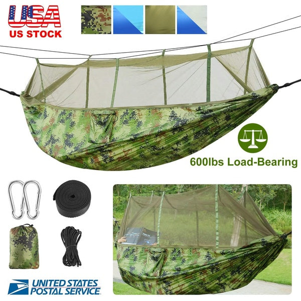600lbs Load 2 Persons Hammock w-Mosquito Net Outdoor Hiking Camping Hommock Portable Nylon Swing Hanging Bed w- Strap Hook Carry Bag